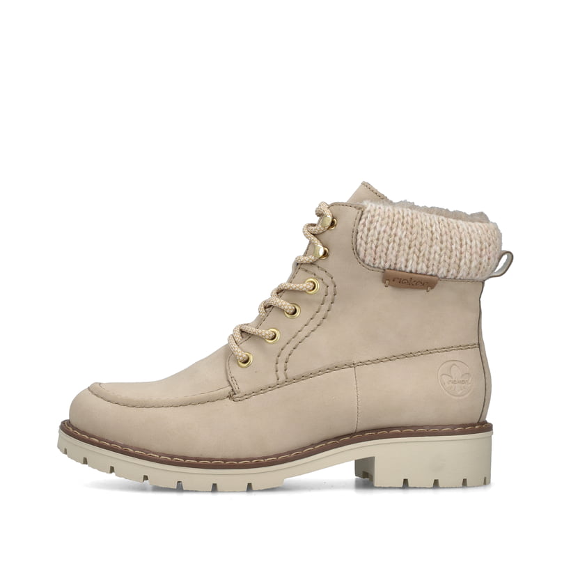 Beige Rieker Damen Schnürstiefel Y9127-62 mit Schaftkragen sowie Reißverschluss. Schuh Außenseite.