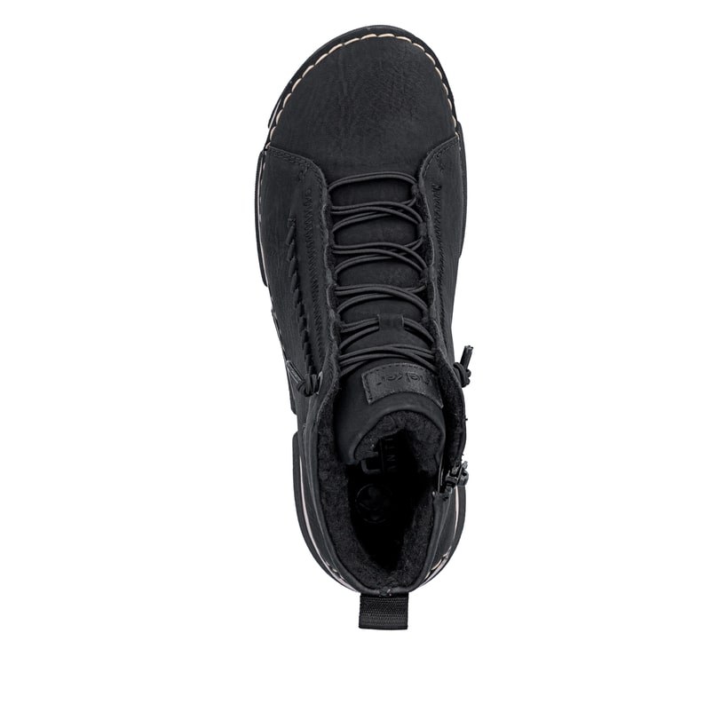 Schwarze Rieker Damen Schnürstiefel 45912-00 mit markanter Anflechter-Naht. Schuh von oben.