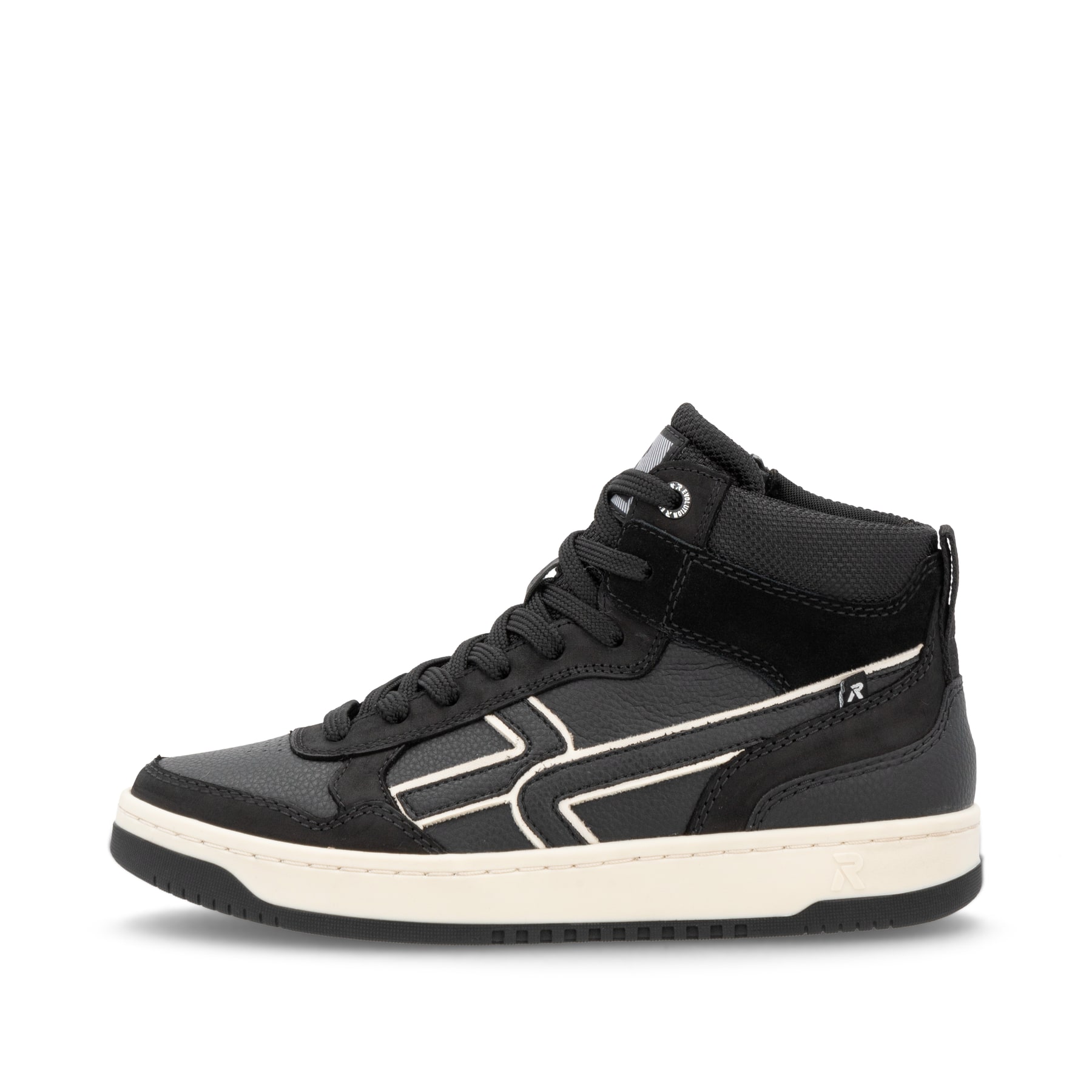 Baskets montantes Rieker noires pour femme W1970-00. Côté extérieur de la chaussure.