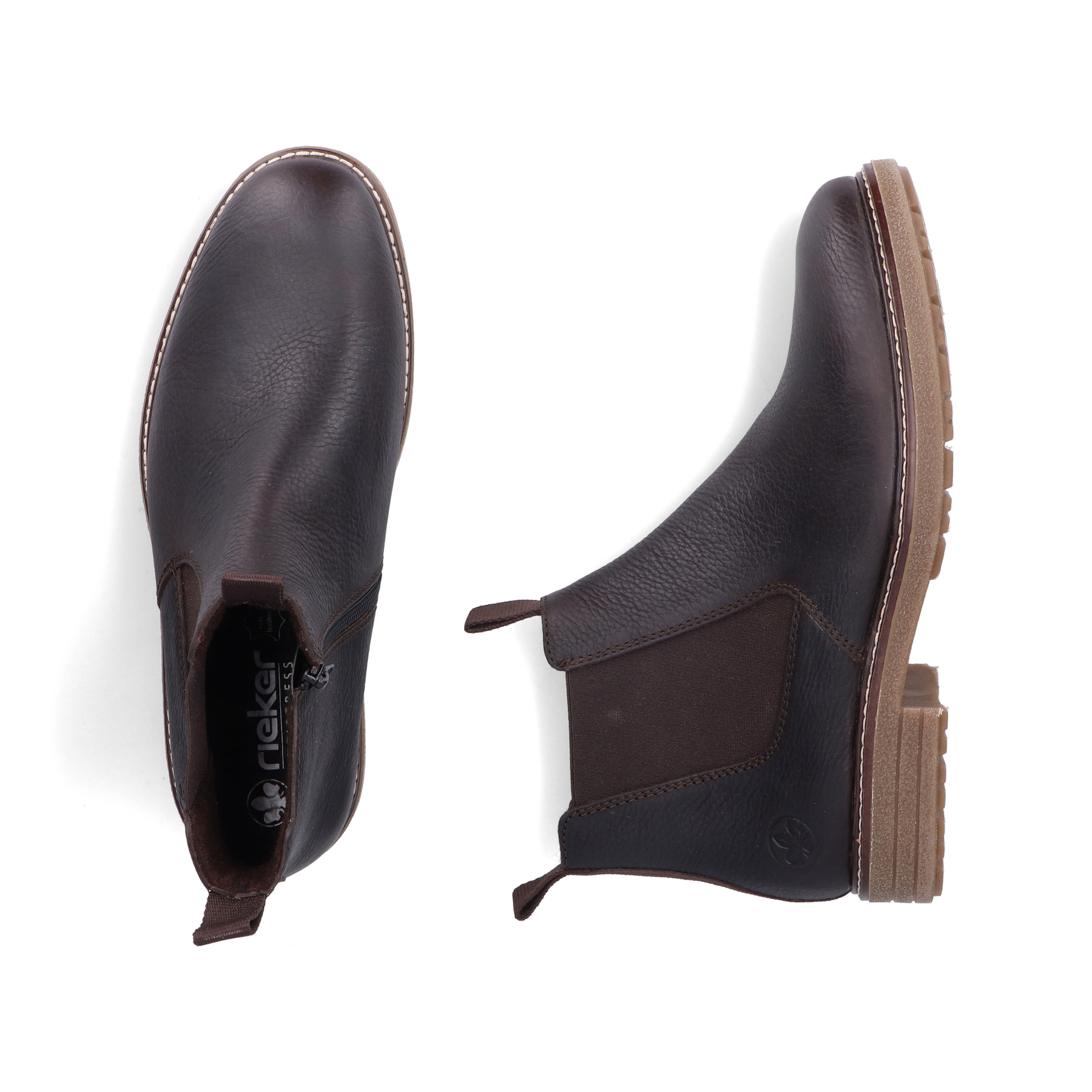 Dunkelbraune Rieker Herren Chelsea Boots 33180-27 aus Glattleder. Schuh von oben, liegend.