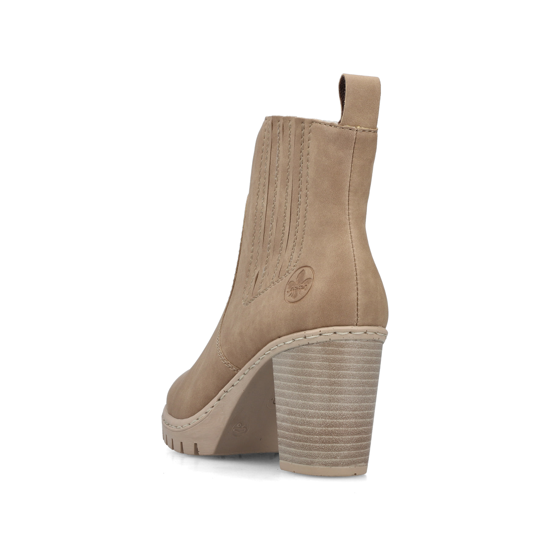 Dunkelbeige Rieker Damen Stiefeletten Y2571-20 mit einem Reißverschluss. Schuh von hinten.
