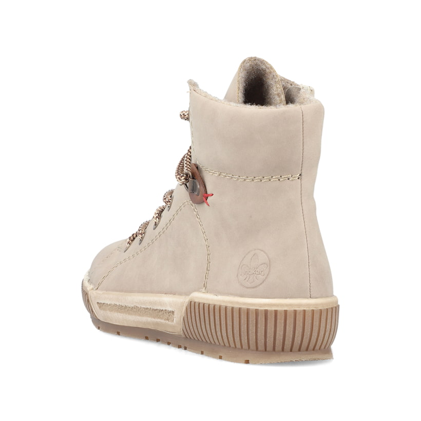 Beige Rieker Damen Schnürstiefel N0730-64 mit einem Reißverschluss. Schuh von hinten.