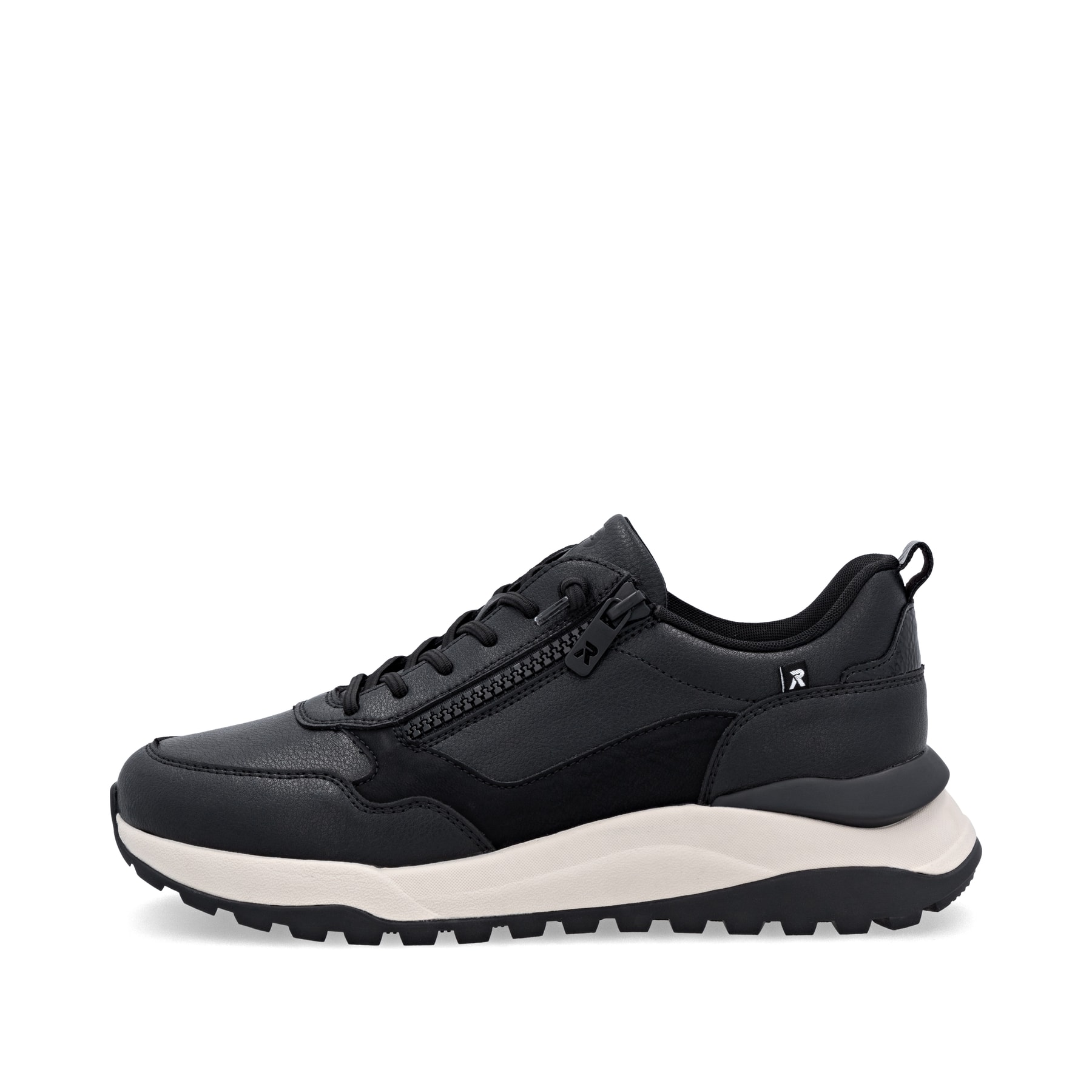 Schwarze Rieker Damen Sneaker Low W2504-00 mit einem Reißverschluss. Schuh Außenseite.