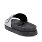 Silberne Rieker Damen Pantoletten W1453-90 mit Gummizug sowie trendigen Schnalle. Schuh von hinten.