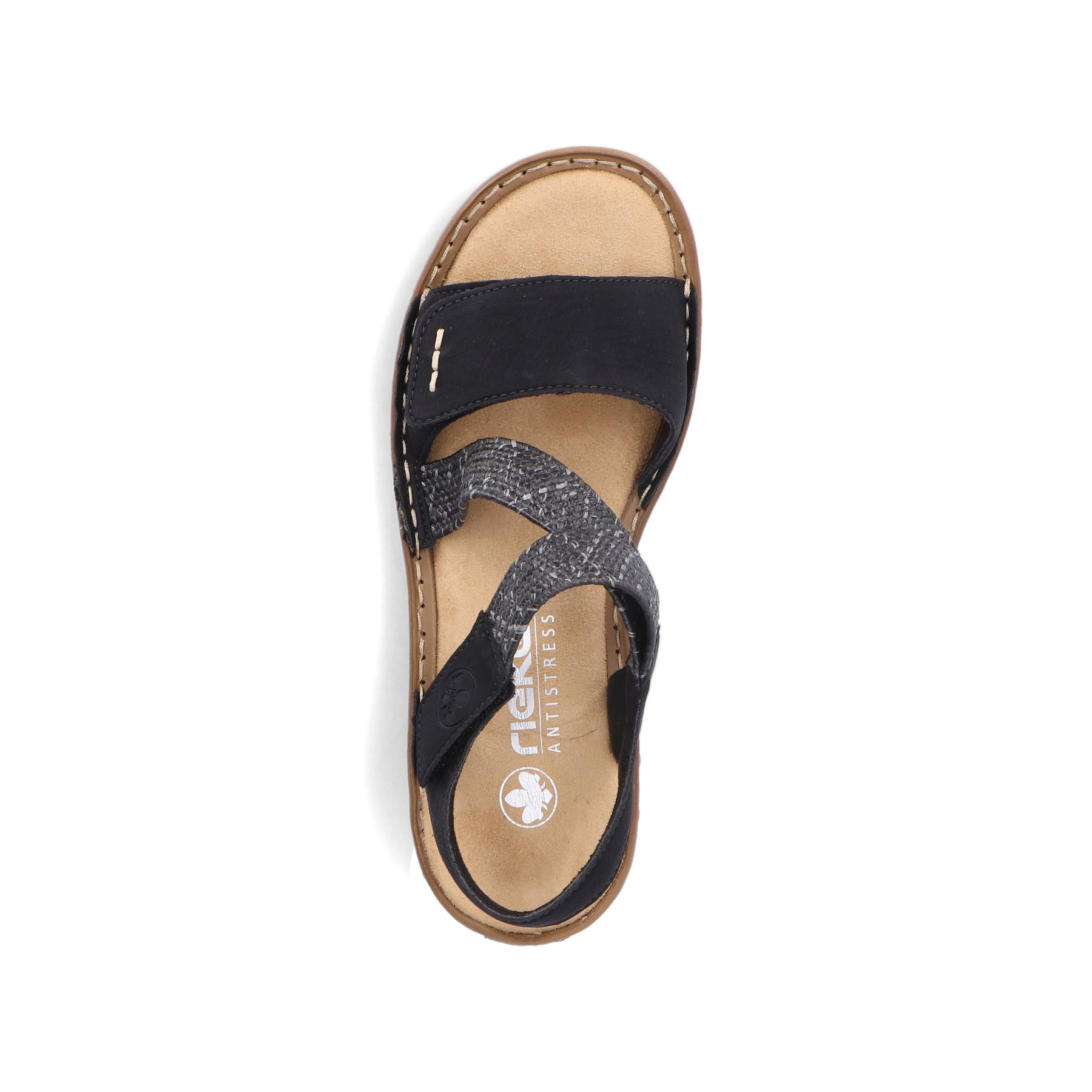 Schwarze Rieker Damen Riemchensandalen 60862-00 mit einem Klettverschluss. Schuh von oben.