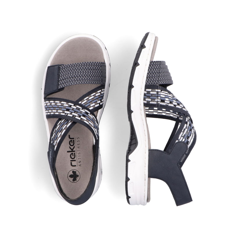 Blaue Rieker Damen Trekkingsandalen V9875-14 mit einem Elastikeinsatz. Schuh von oben, liegend.