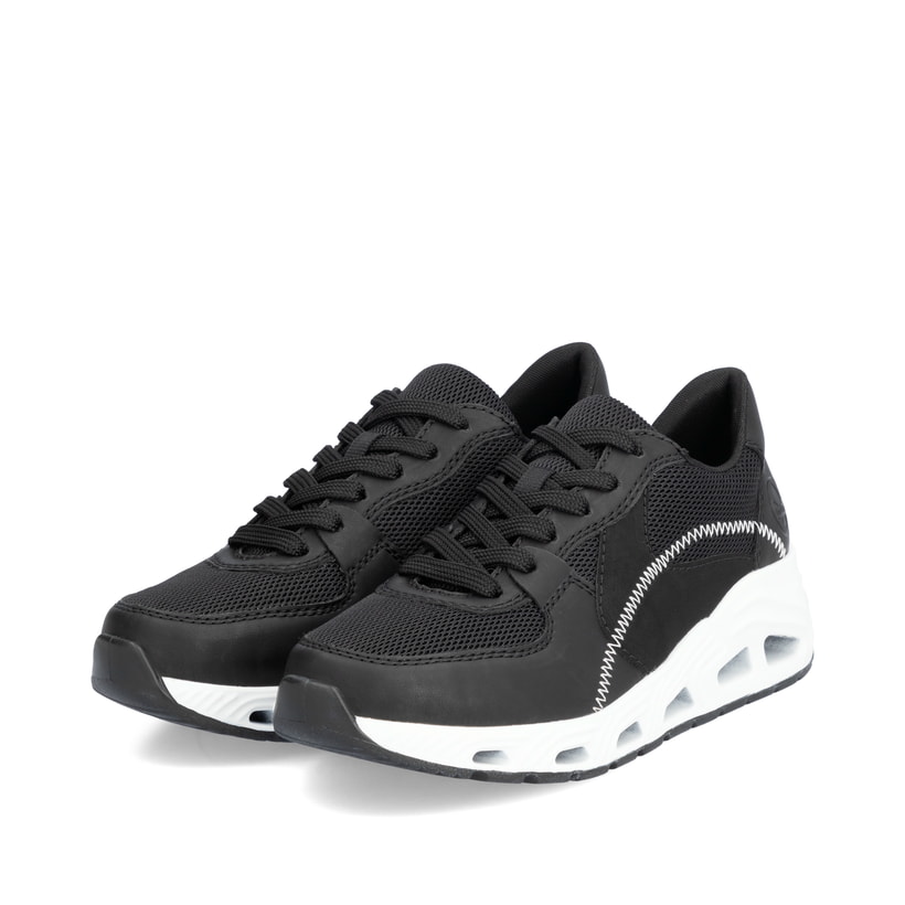 Schwarze vegane Rieker Damen Sneaker Low N5240-00 mit einer ultraleichten Sohle. Schuhpaar seitlich schräg.