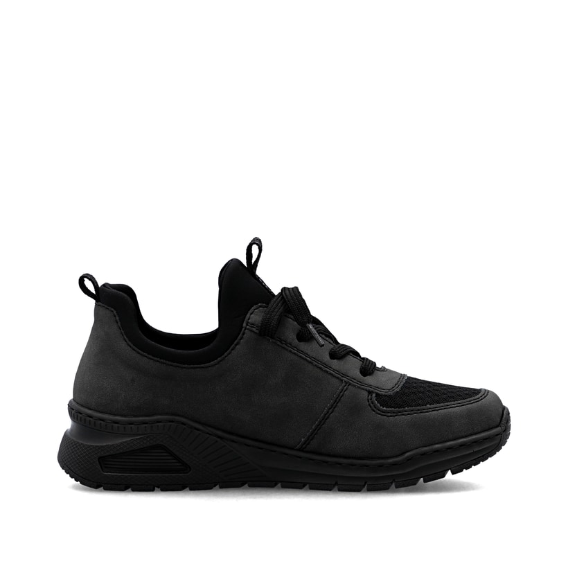Dunkelgraue Rieker Damen Slipper M4970-45 mit einem Gummizug sowie Extraweite H. Schuh Innenseite.