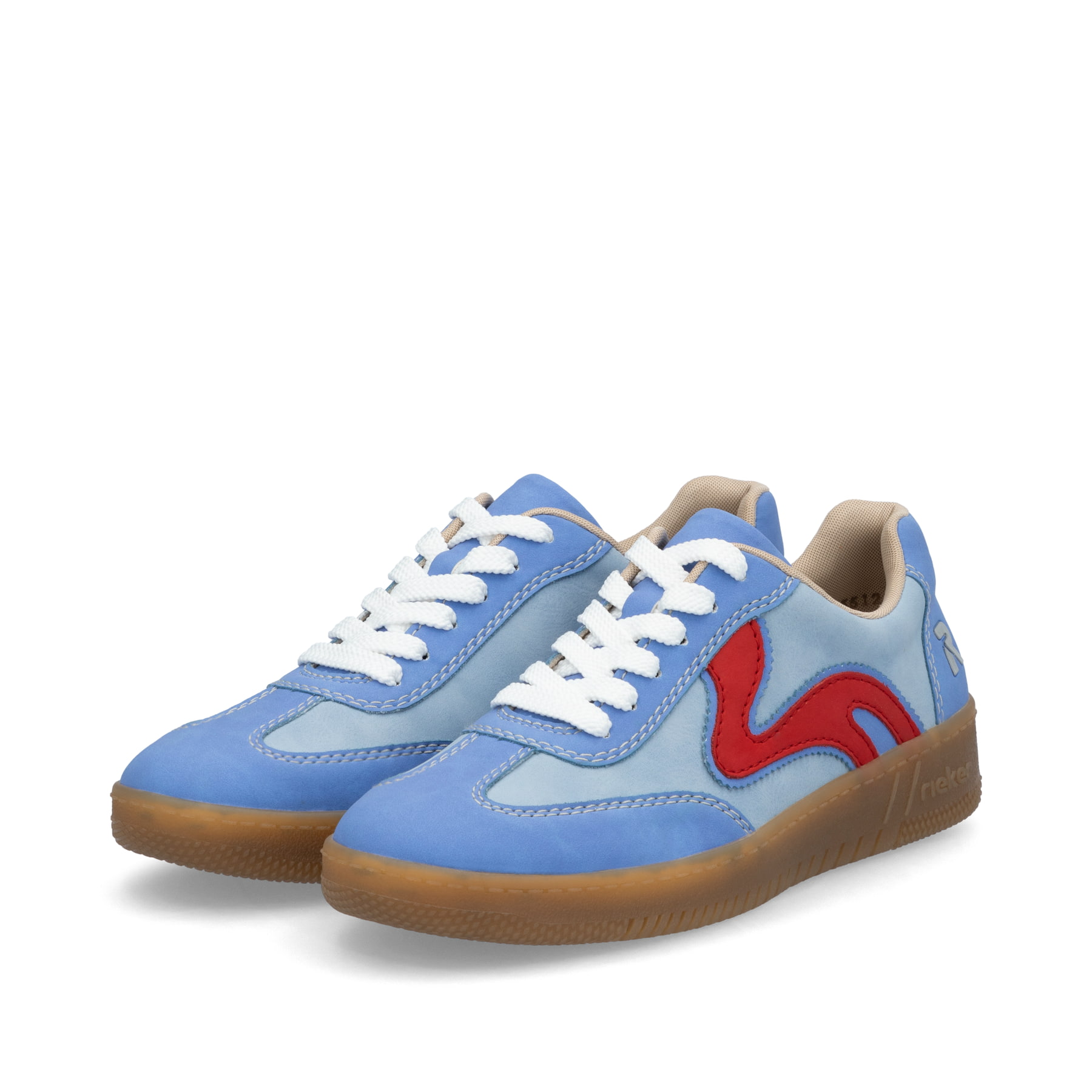 Blaue vegane Rieker Damen Sneaker Low M5512-10 mit einer Schnürung. Schuhpaar seitlich schräg.