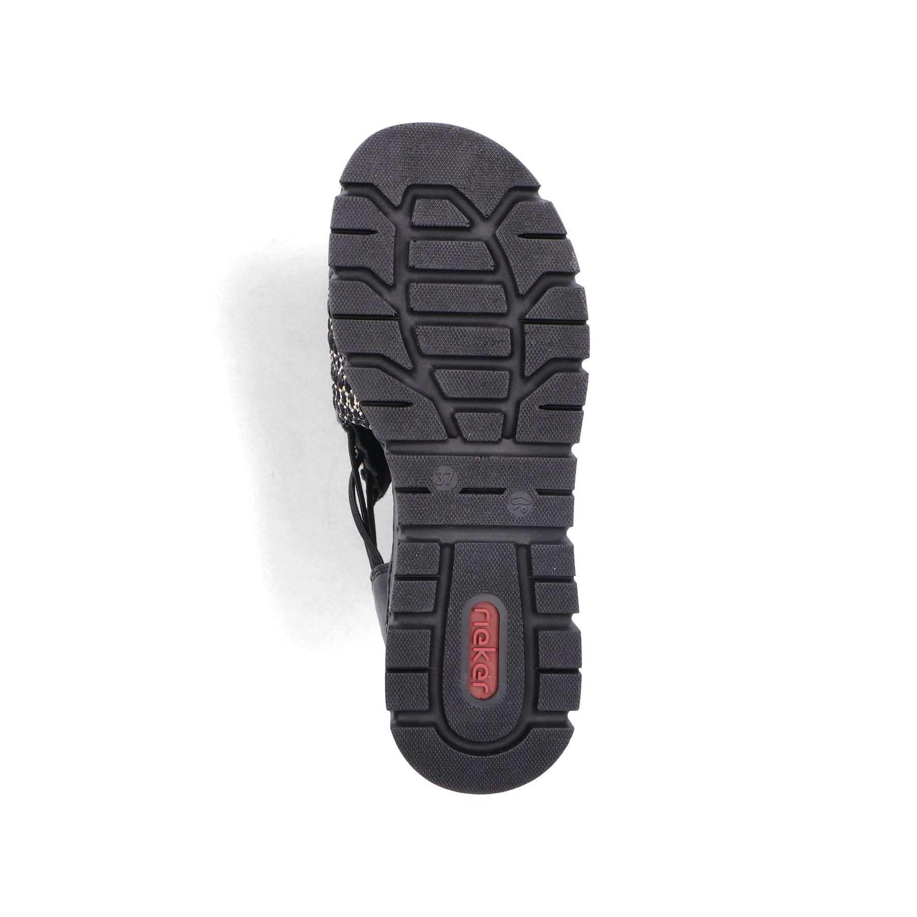 Sandales compensées Rieker noires femme V1051-00 avec bande élastique. Semelle extérieure de la chaussure.