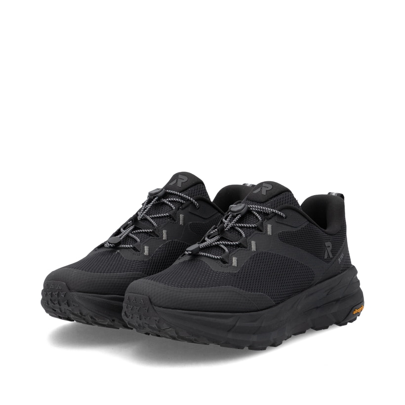 Schwarze Rieker Sport Herren Sneaker Low U4502-00. Schuhpaar seitlich schräg.