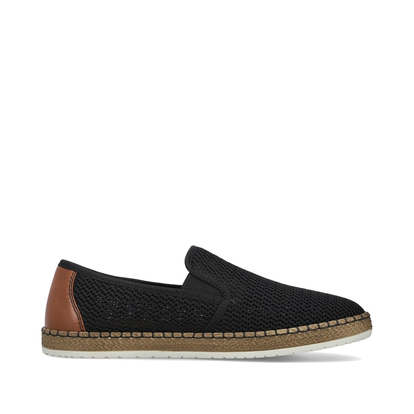 Schwarze Rieker Herren Slipper B5276-00 mit Gummizug sowie Komfortweite G 1/2. Schuh Innenseite.