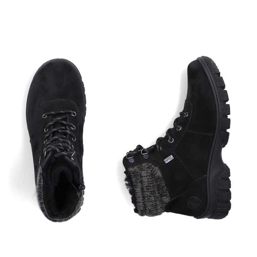Schwarze Rieker Damen Schnürstiefel Z7220-00 mit wasserabweisender TEX-Membran. Schuh von oben, liegend.