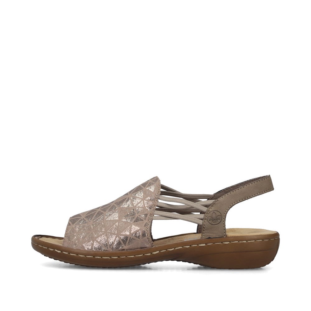 Sandales à lanières Rieker beiges femme 608D1-60 avec finition métallisée. Côté extérieur de la chaussure.
