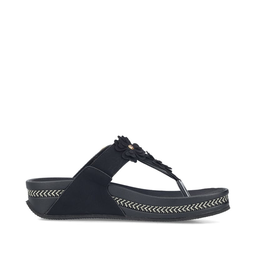 Schwarze vegane Rieker Damen Zehentrenner V1466-00 mit dekorativer Blume. Schuh Innenseite.