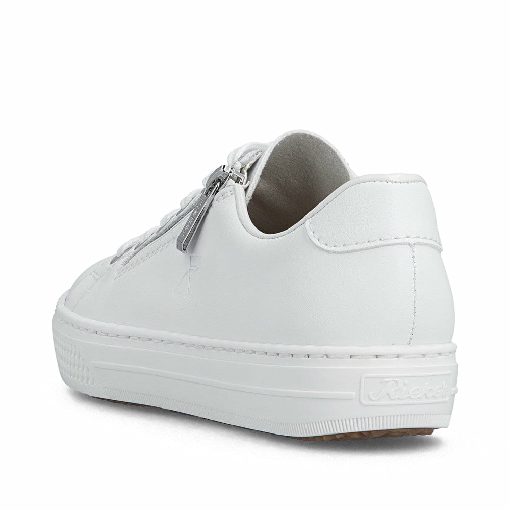 Weiße Rieker Damen Sneaker Low L59L1-83 mit einem Reißverschluss. Schuh von hinten.