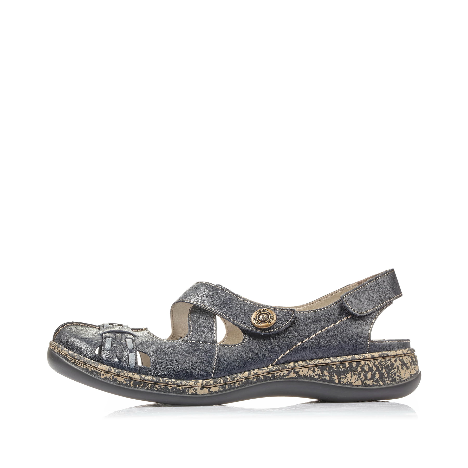 Blaue Rieker Ballerinas 46377-14 mit einem Klettverschluss. Schuh Außenseite.