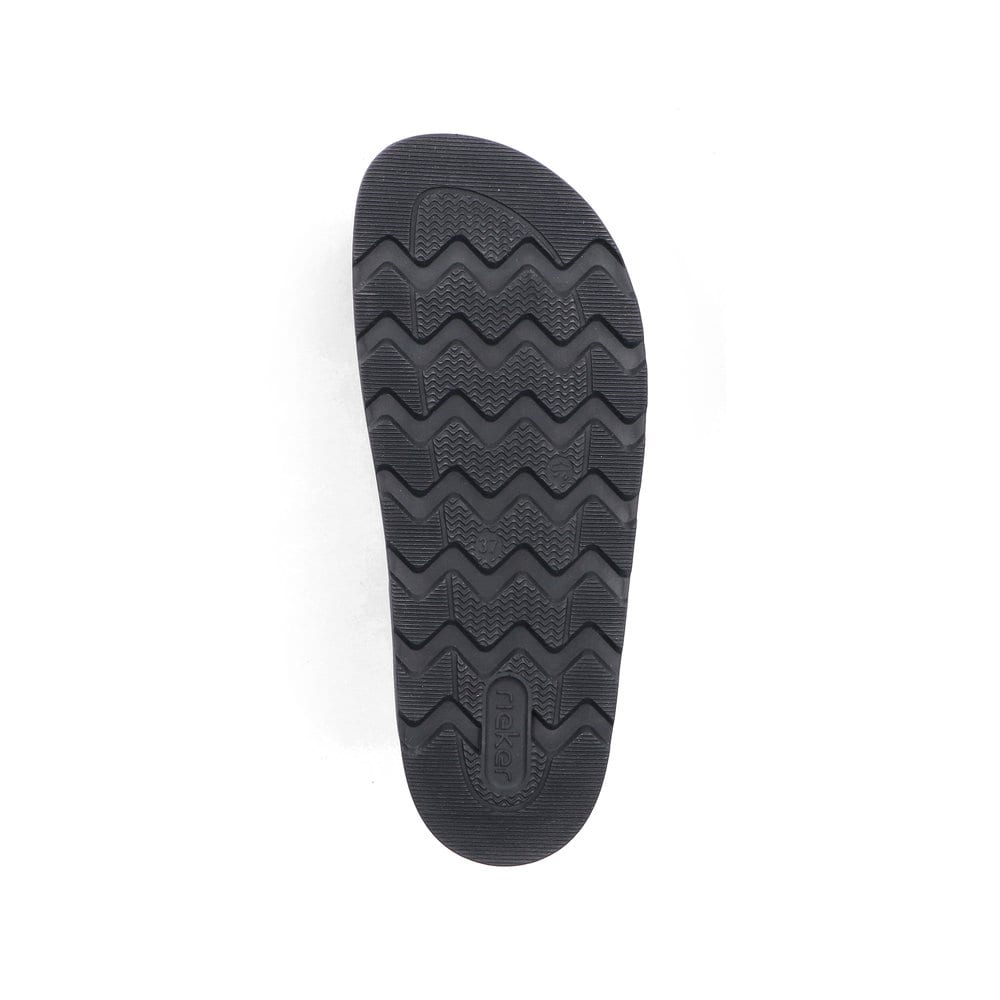 Tongs Rieker noires pour femme V3150-00 en cuir lisse avec boucles. Semelle extérieure de la chaussure.