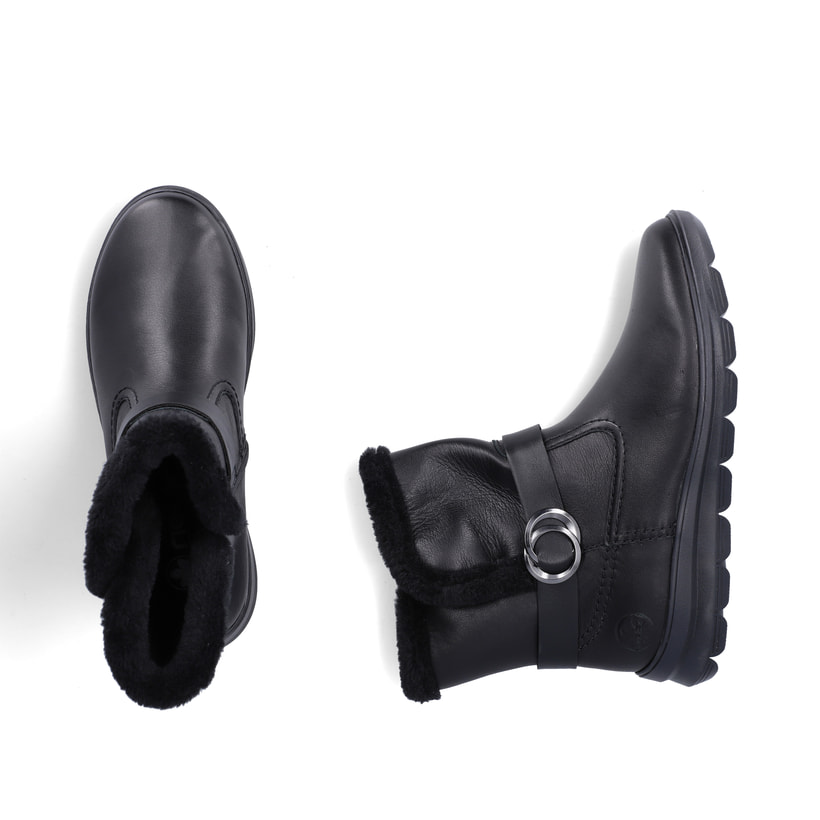 Schwarze Rieker Damen Kurzstiefel Z0081-00 aus Glattleder mit weichem Kragen. Schuh von oben, liegend.