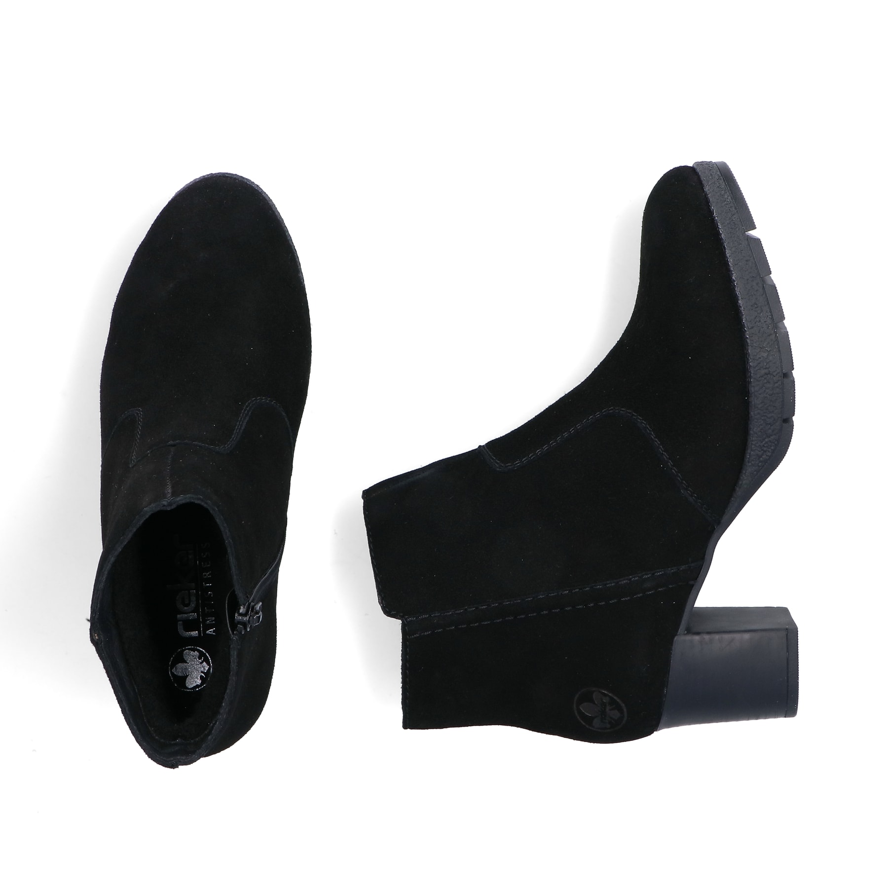 Schwarze Rieker Damen Stiefeletten 77665-00 aus Rauleder mit Reißverschluss. Schuh von oben, liegend.