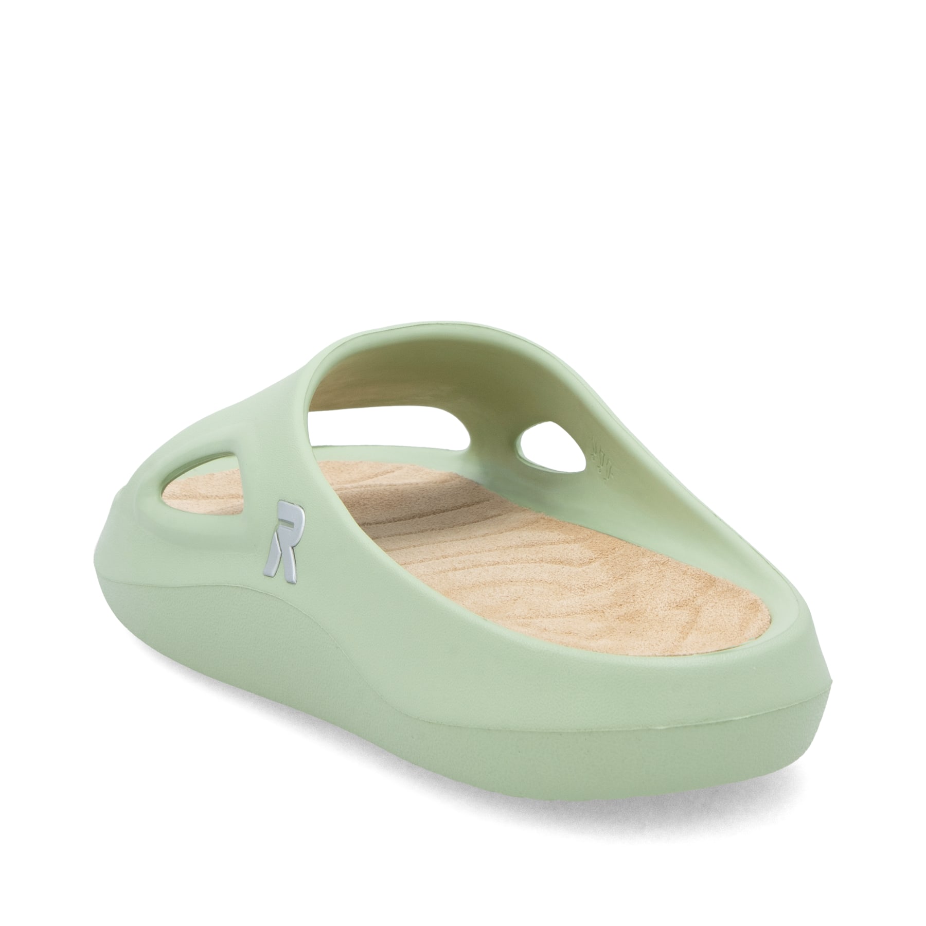 Grüne Rieker Damen Pantoletten W3350-52 mit flexibler und ultraleichter Sohle. Schuh von hinten.