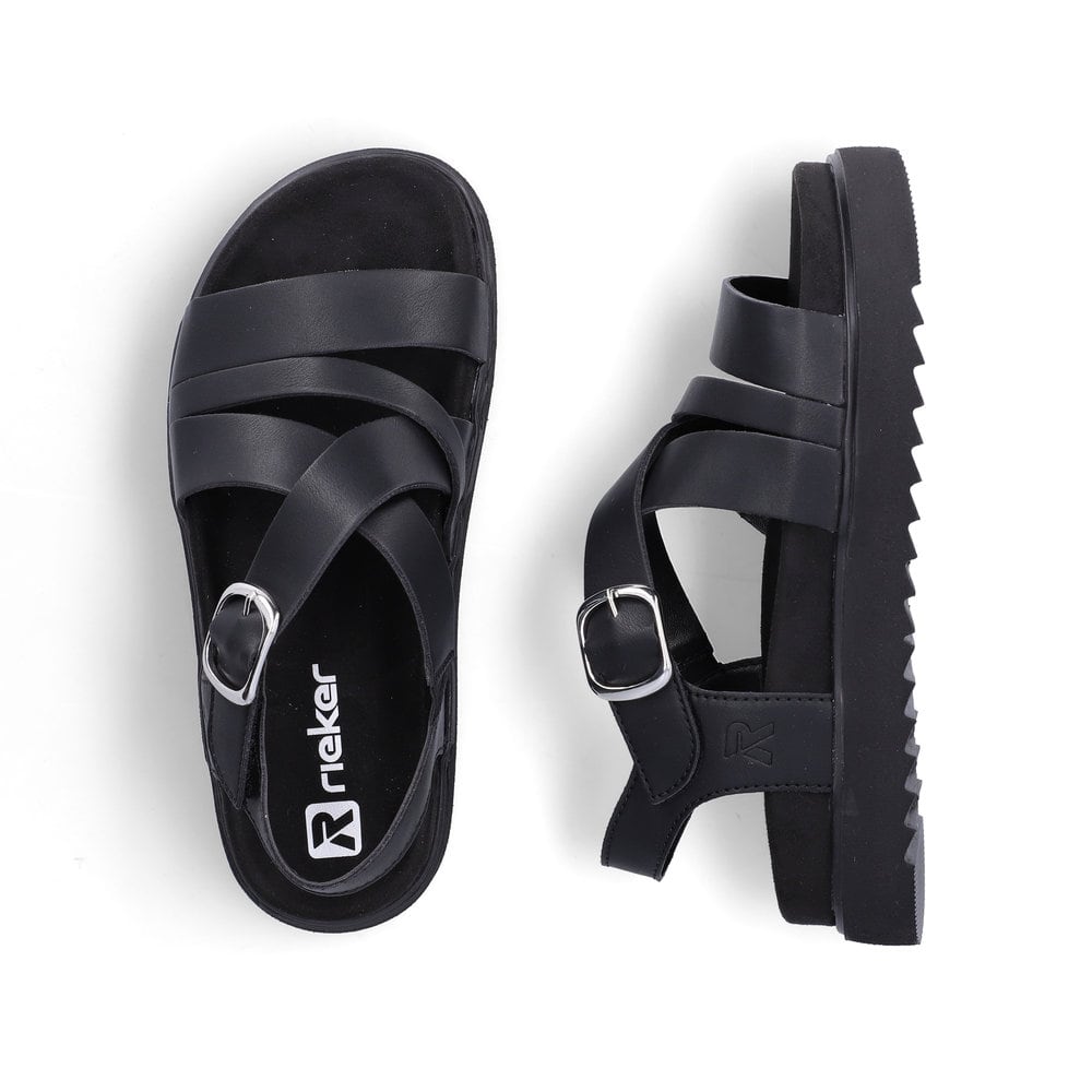 Schwarze Rieker Damen Riemchensandalen V5663-00 mit trendiger Schnalle. Schuh von oben, liegend.