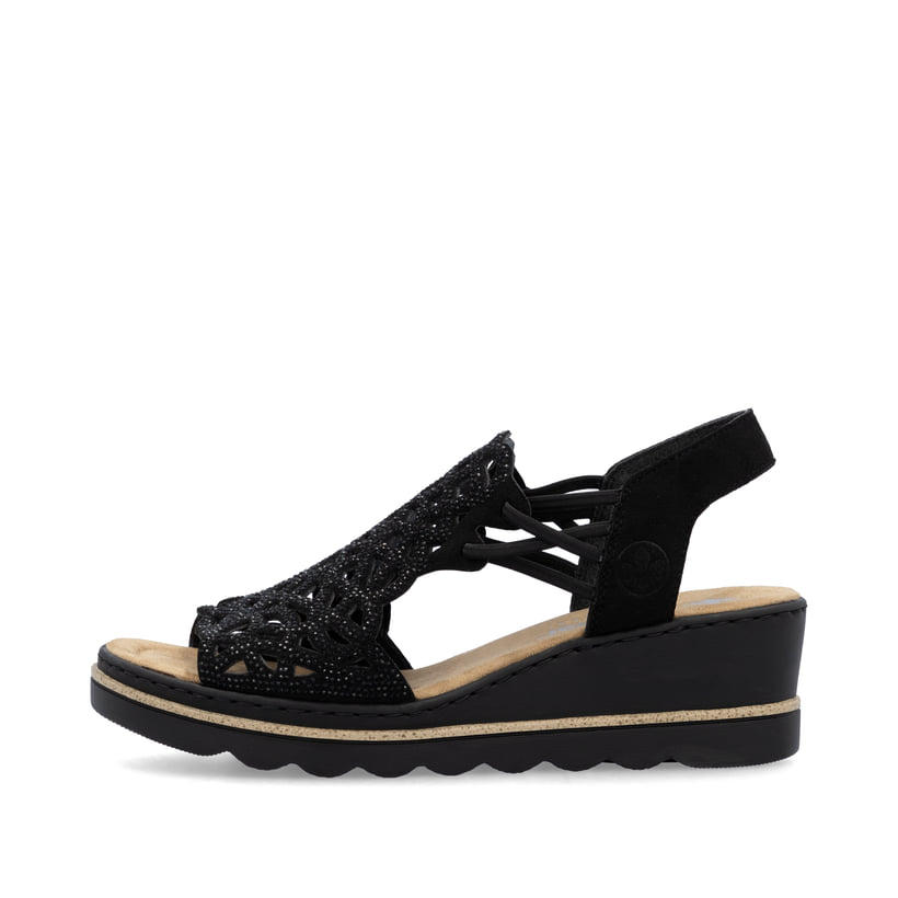 Schwarze Rieker Keilsandaletten 67465-00 mit einem Gummizug. Schuh Außenseite.
