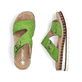 Grüne Rieker Damen Pantoletten V7982-52 mit einem Klettverschluss. Schuh von oben, liegend.