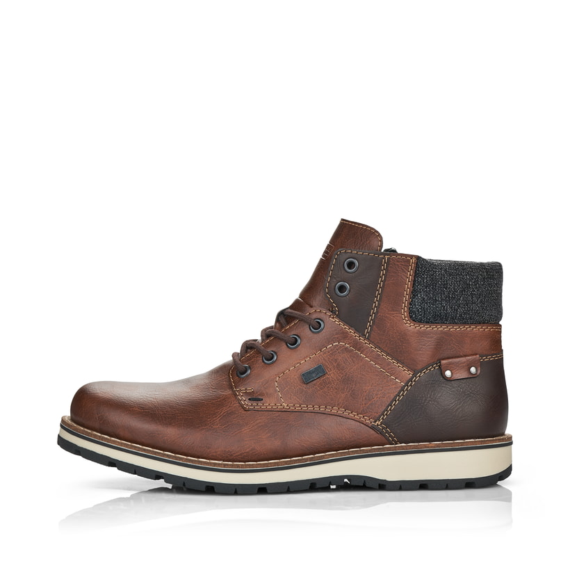 
Kastanienbraune Rieker Herren Schnürstiefel 38434-26 mit einer robusten Profilsohle. Schuh Außenseite