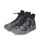 Graue Rieker Damen Kurzstiefel L2550-90 mit floralem Aufdruck. Schuhpaar seitlich schräg.
