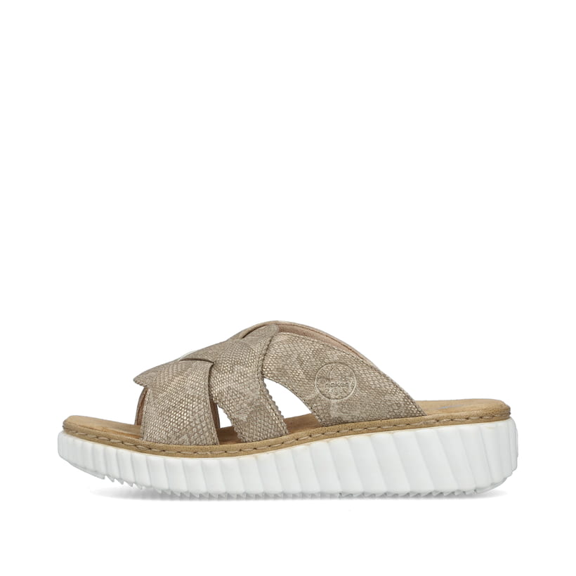 Beige Rieker Damen Pantoletten 63280-64 mit der Extraweite H. Schuh Außenseite.