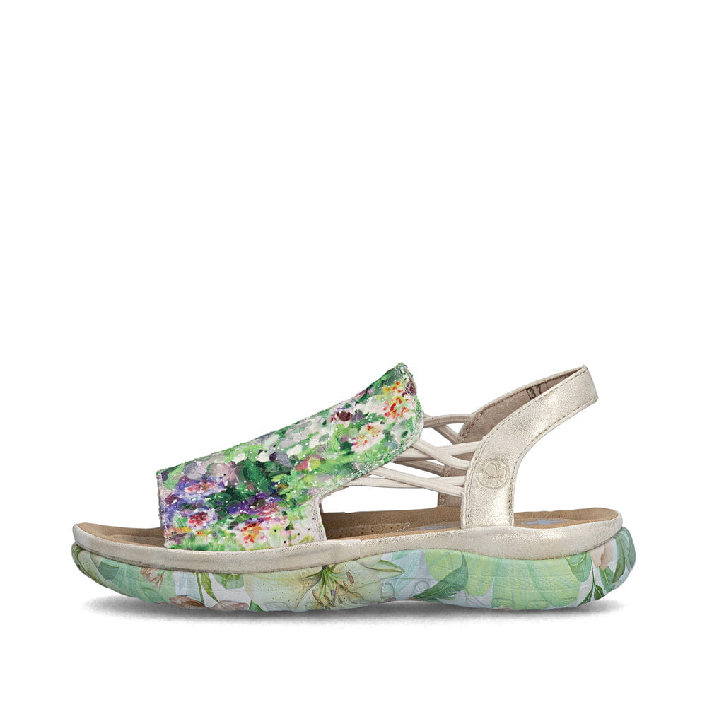 Mehrfarbige Rieker Damen Trekkingsandalen 64841-90 mit floralem Muster. Schuh Außenseite.