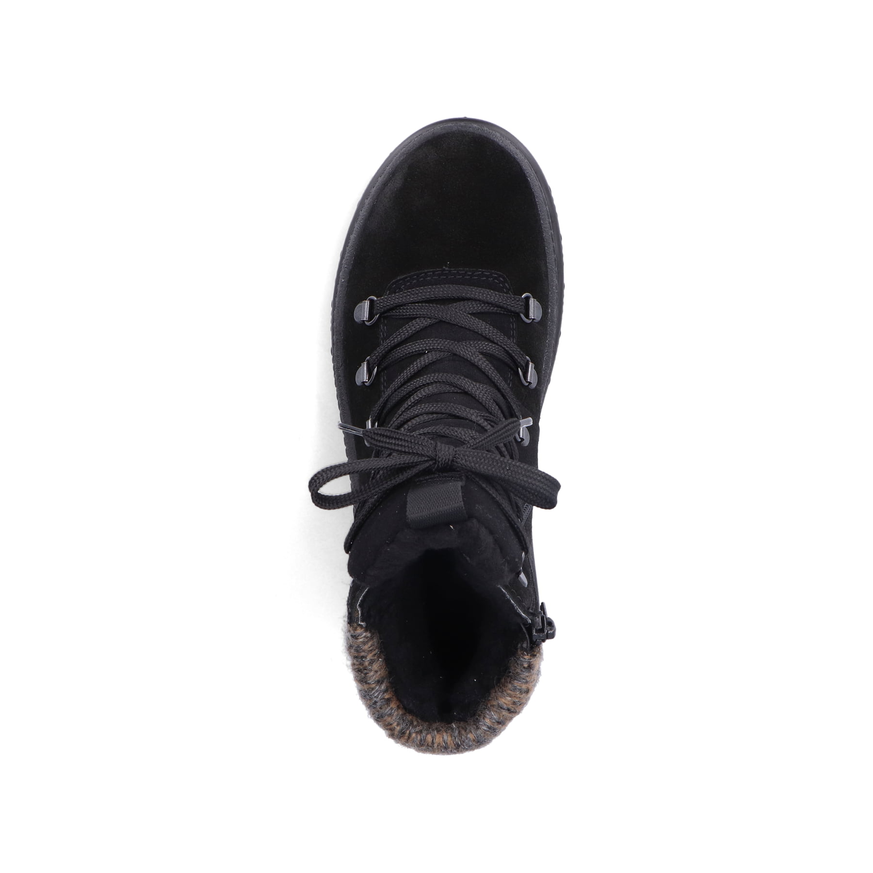 Schwarze Rieker Damen Schnürstiefel X8200-00 aus Rauleder mit Flip-Grip Sohle. Schuh von oben.