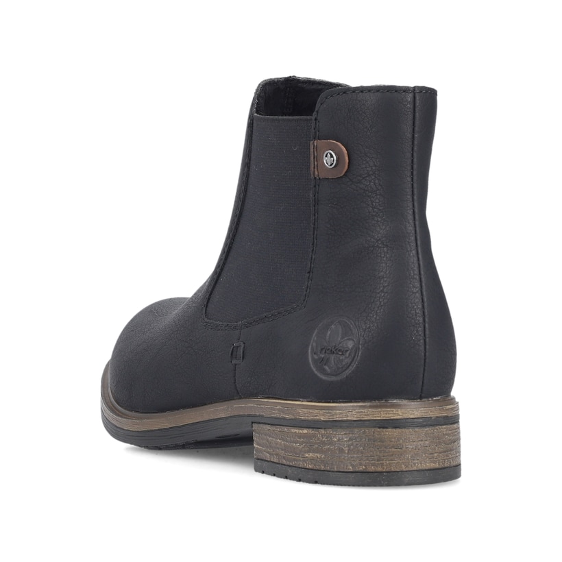 Asphaltschwarze Rieker Damen Chelsea Boots 72254-00 mit einem Reißverschluss. Schuh von oben.