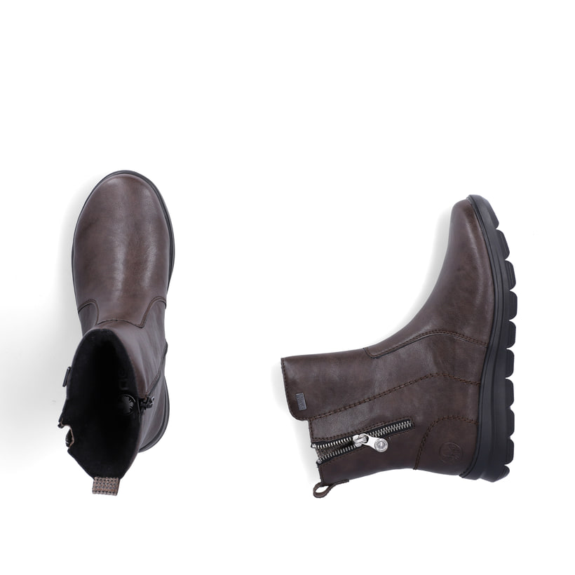 Dunkelbraune Rieker Damen Kurzstiefel Z0074-25 mit wasserabweisender TEX-Membran. Schuh von oben, liegend.