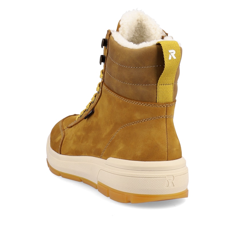 Goldgelb-braune Rieker Herren Schnürstiefel U0071-68 aus Rauleder. Schuh von hinten.