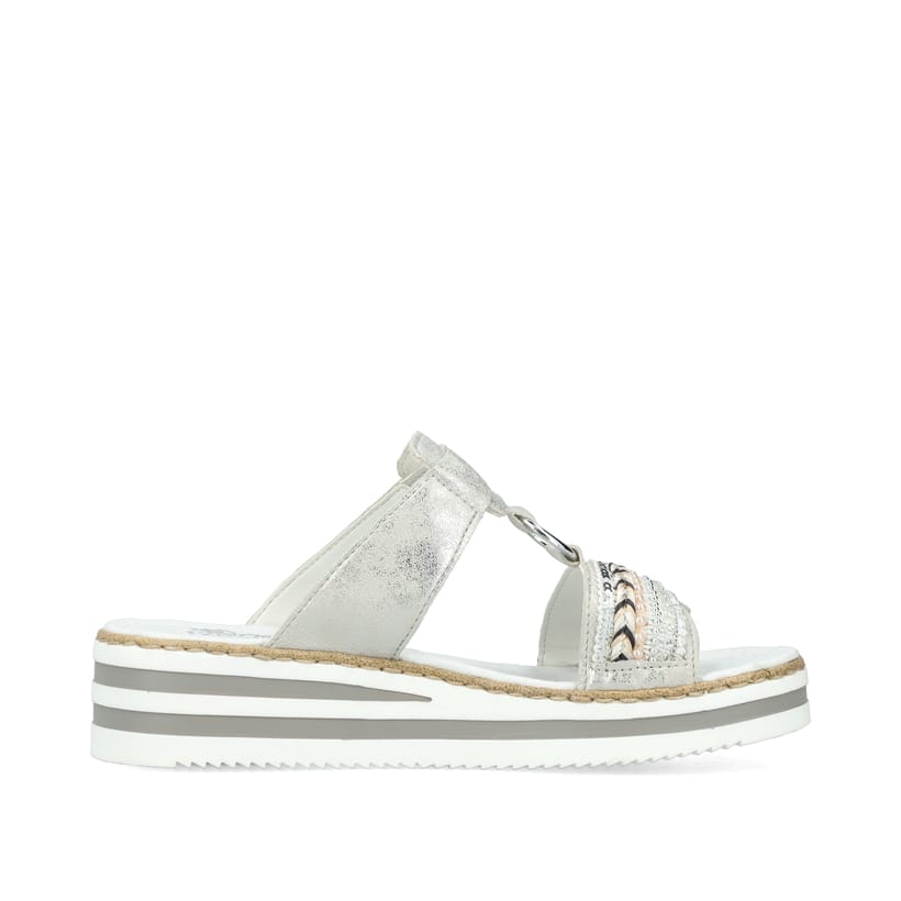 Graue Rieker Damen Pantoletten V02M6-40 mit modischen Flechtelementen. Schuh Innenseite.