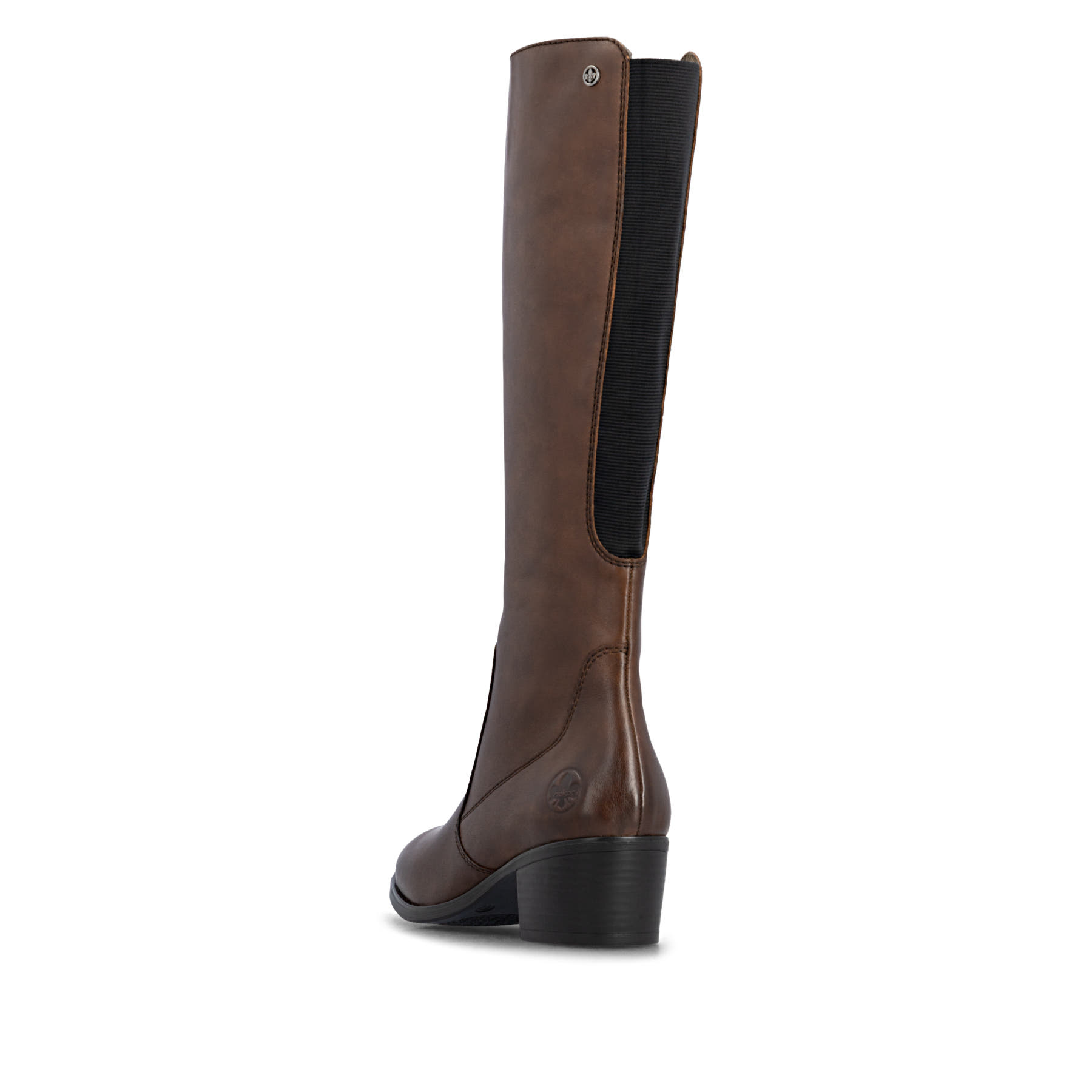 Braune Rieker Damen Hochschaftstiefel 73955-22 aus Glattleder mit Reißverschluss. Schuh von hinten.