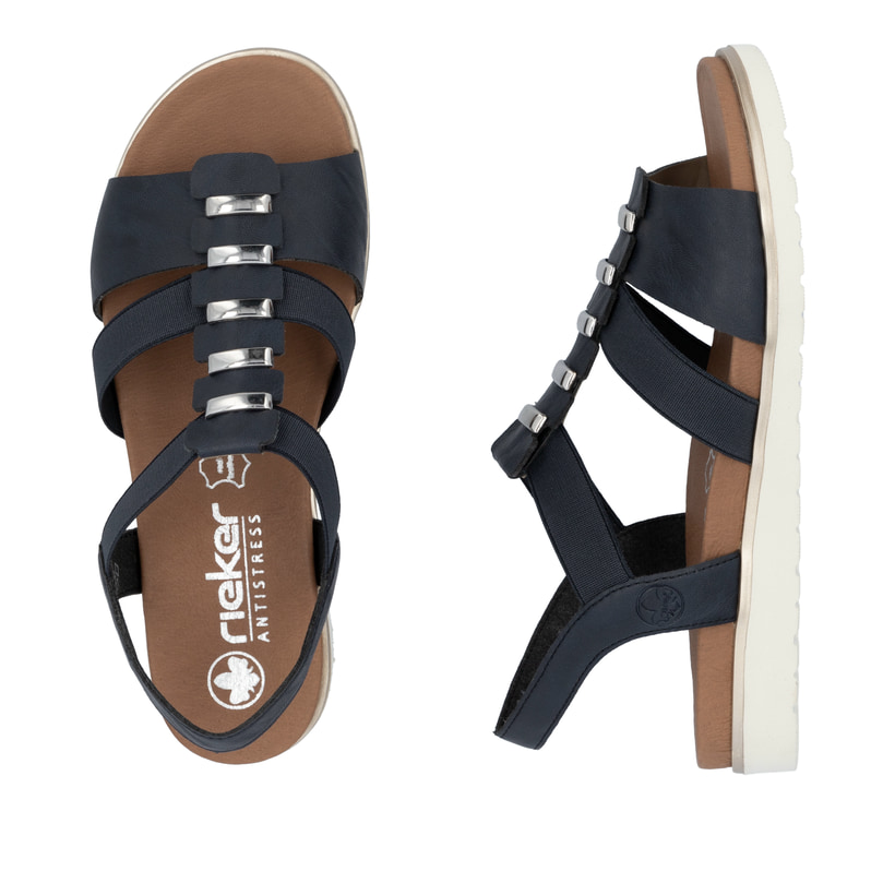 Blaue Rieker Damen Riemchensandalen V5051-14 mit Schmuckelementen sowie Gummizug. Schuh von oben, liegend.