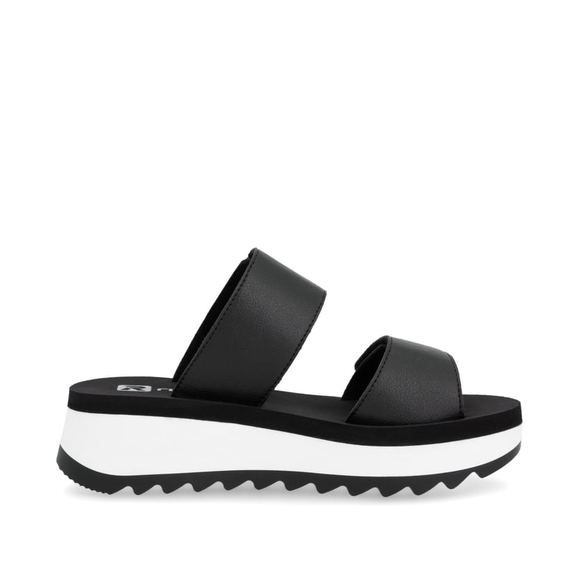 Schwarze Rieker Damen Pantoletten W3050-00 mit einem Klettverschluss. Schuh Innenseite.