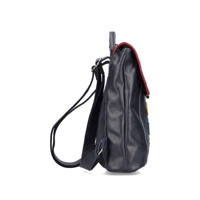 Sac Ã  dos Rieker H1357-14 en bleu et rouge avec détails colorés, fermeture éclair et poche pour téléphone portable. Ouvert.