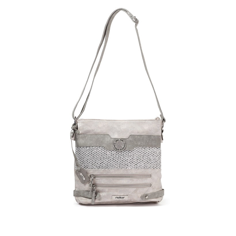 Sac à bandoulière Rieker H1346-40 gris-combi avec des pierres précieuses et des compartiments pratiques à l'intérieur et à l'extérieur. Face avant.