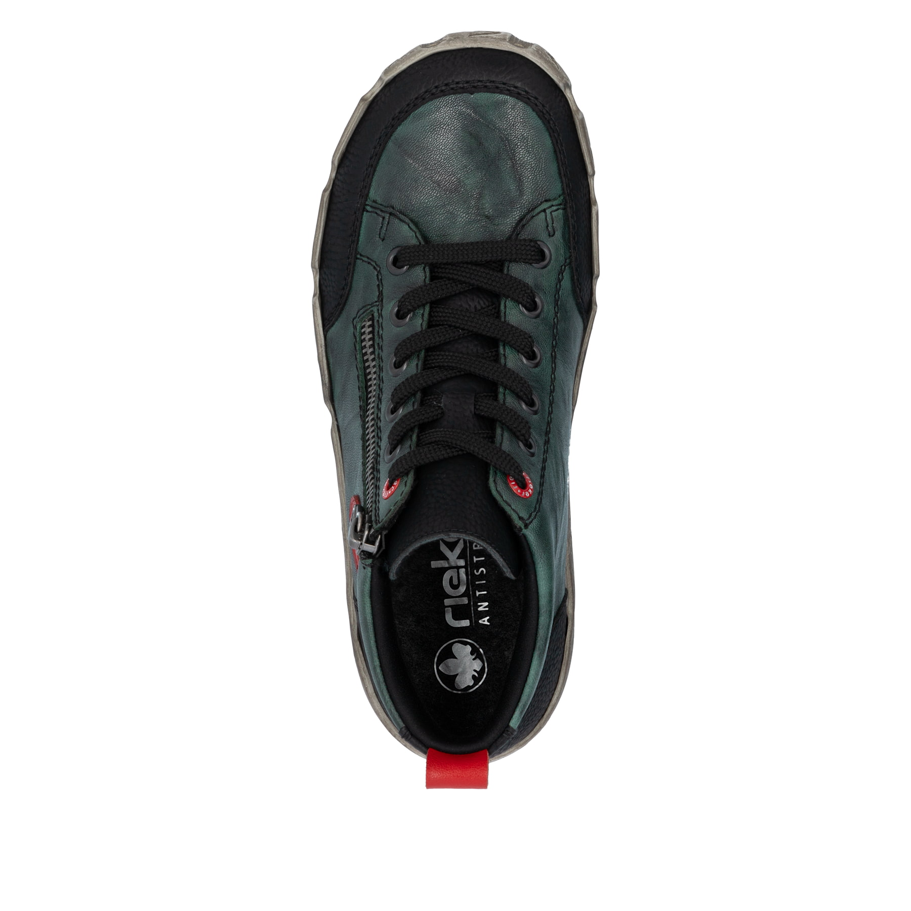 Grünschwarze Rieker Damen Kurzstiefel L0306-54 aus Glattleder mit rundem Logo. Schuh von oben.