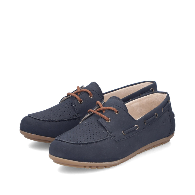 Blaue Rieker Damen Schnürschuhe 43800-15 mit einer herausnehmbaren Einlegesohle. Schuhpaar seitlich schräg.