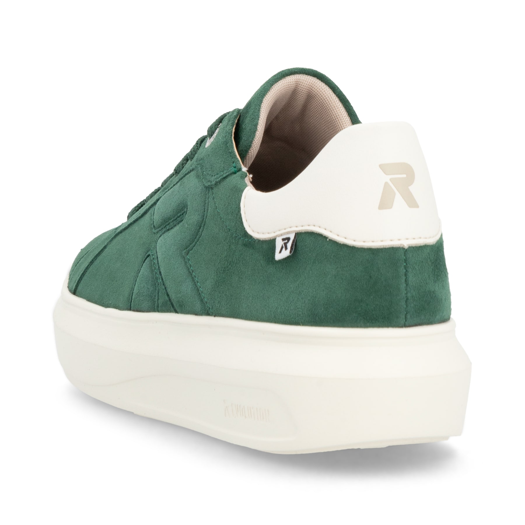 Baskets basses Rieker vertes pour femme W1204-54 avec semelle à plateau. Chaussure vue de l'arrière.