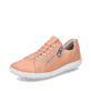 Orangene Rieker Damen Slipper 52826-38 mit Reißverschluss sowie Löcheroptik. Schuh seitlich schräg.