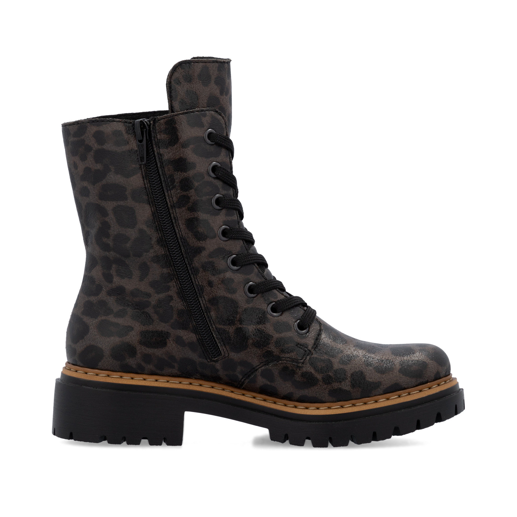 Biker Boots Rieker multicolores pour femme 72627-90 avec imprimé léopard. Chaussure vue de l'arrière.