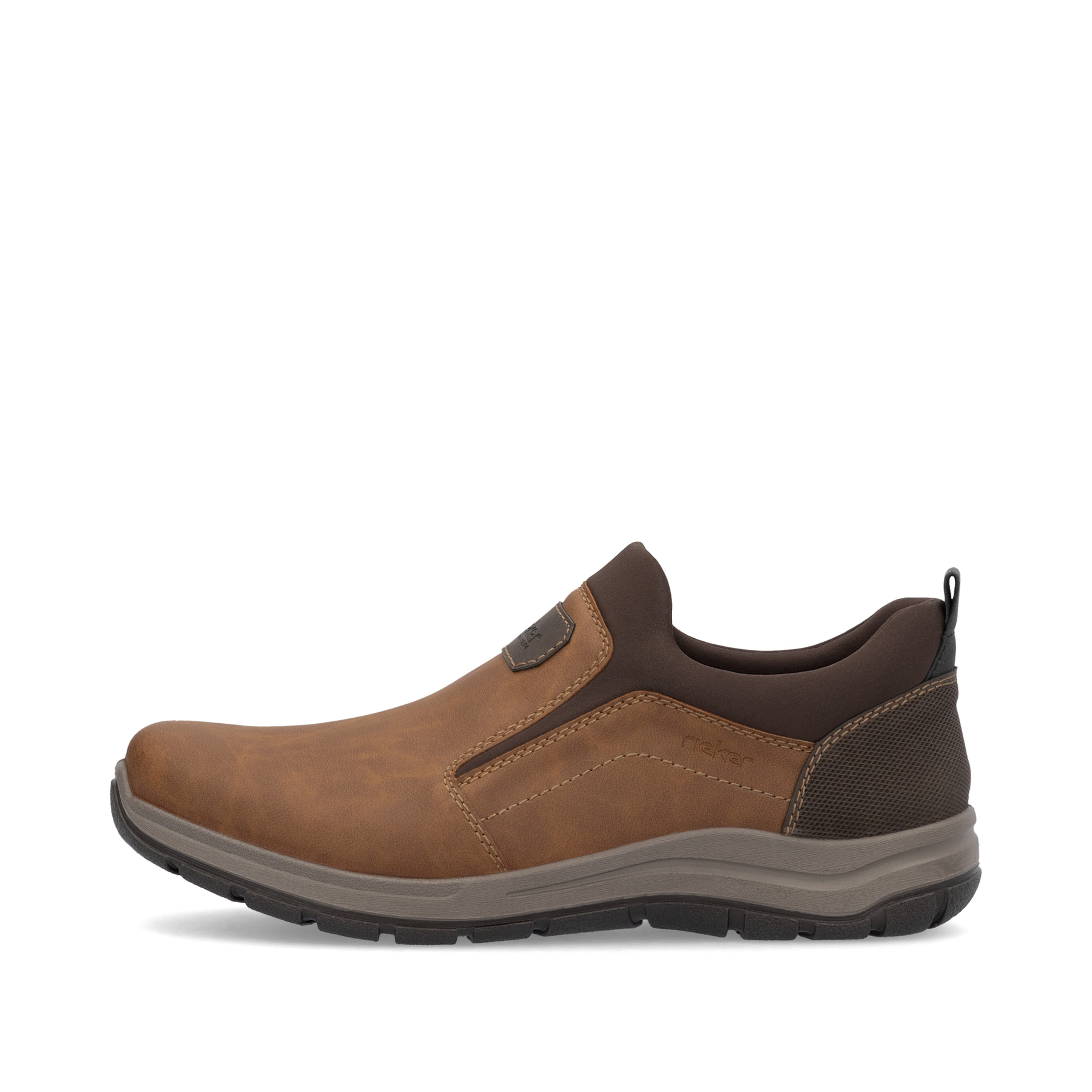Mocassins  Rieker marron pour hommes 03650-24 avec élastiques et en largeur extra H. Côté extérieur de la chaussure.
