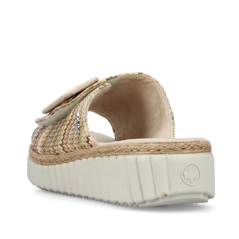 Mehrfarbige Rieker Damen Pantoletten 69253-91 mit trendigen Schnalle. Schuh von hinten.