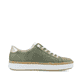 Grüne Rieker Damen Slipper M2952-52 mit Gummizug sowie gepolsterter Einlegesohle. Schuh Innenseite.